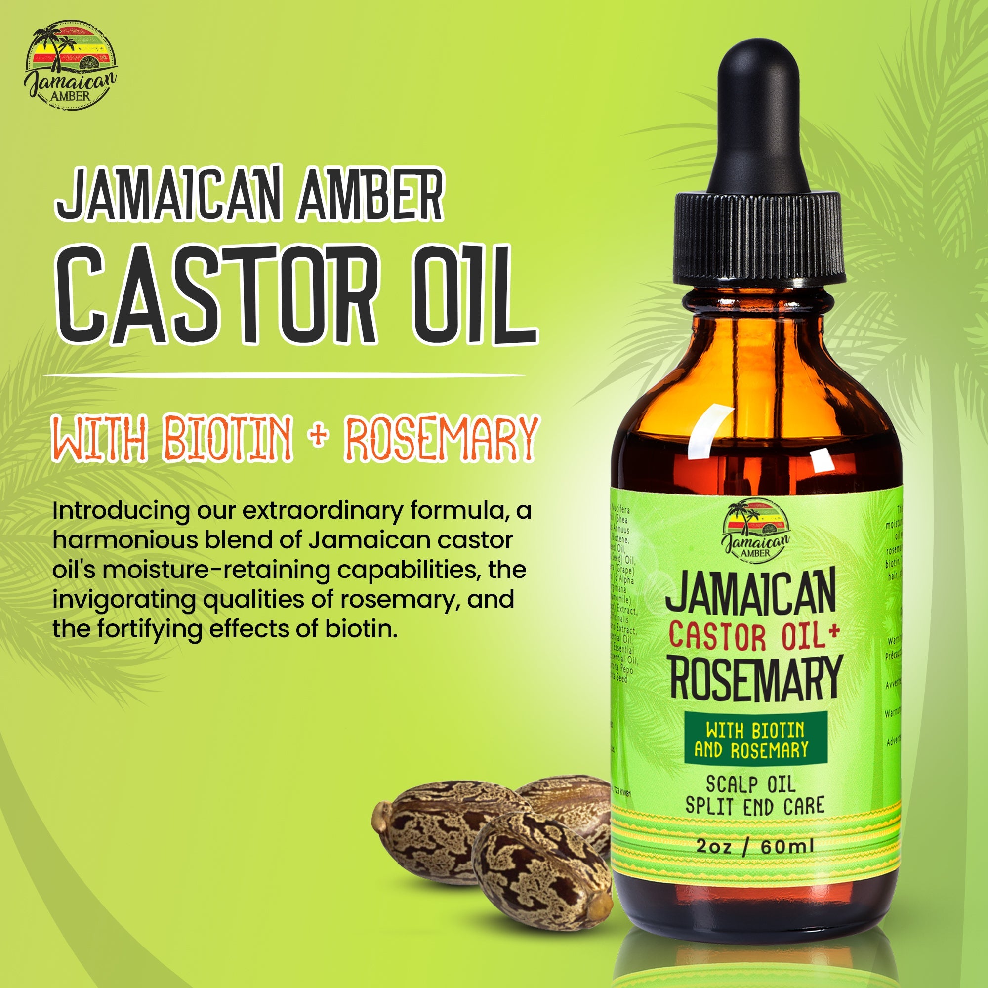 Jamaican Amber Jamaican Castor Oil & Rosemary Hair Oil 2 oz/60 ml Mitchell Brands - Mitchell Brands - Skin Lightening, Skin Brightening, Fade Dark Spots, Shea Butter, Hair Growth Products