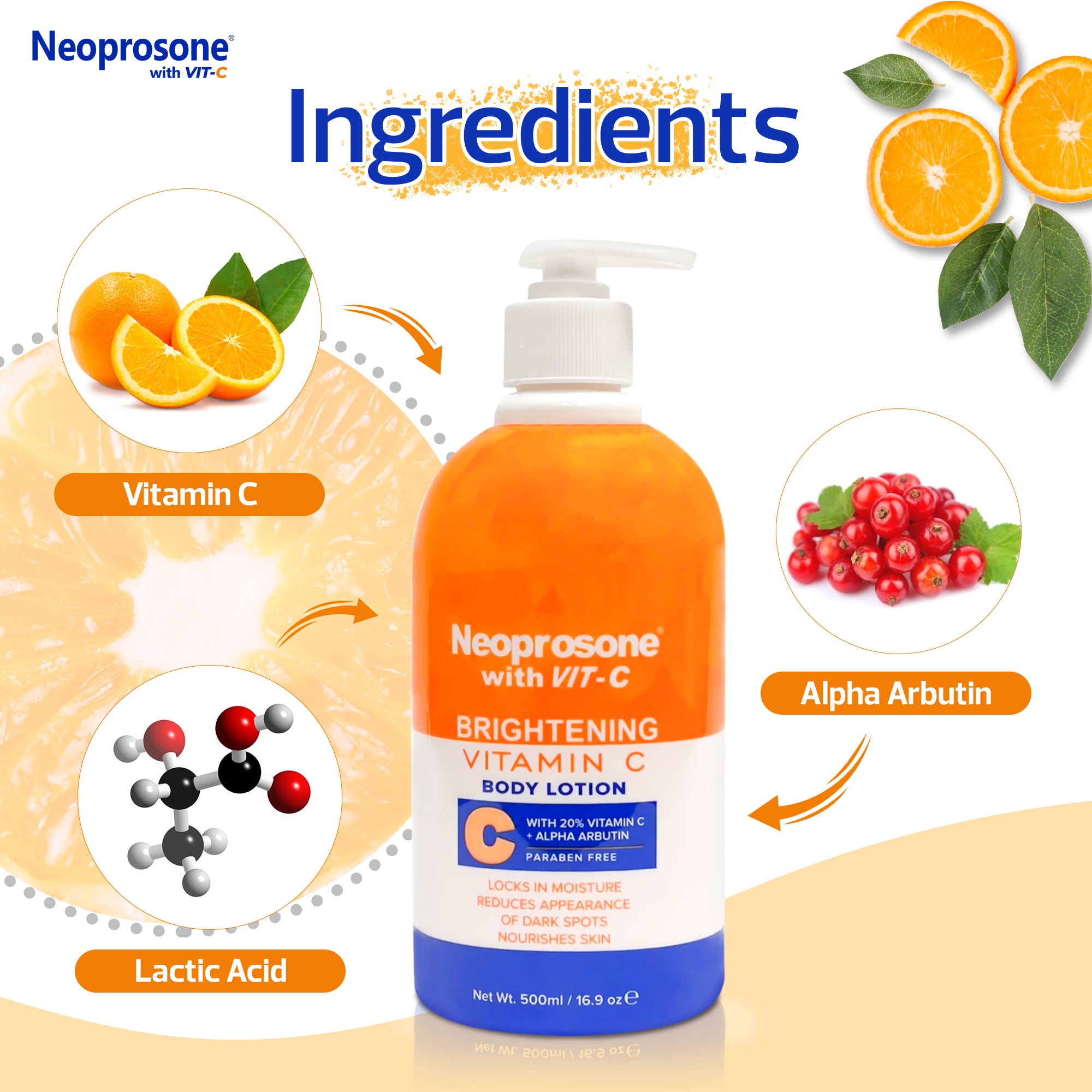 Lotion éclaircissante pour le corps Neoprosone à la vitamine C - 500 ml / 16,9 oz