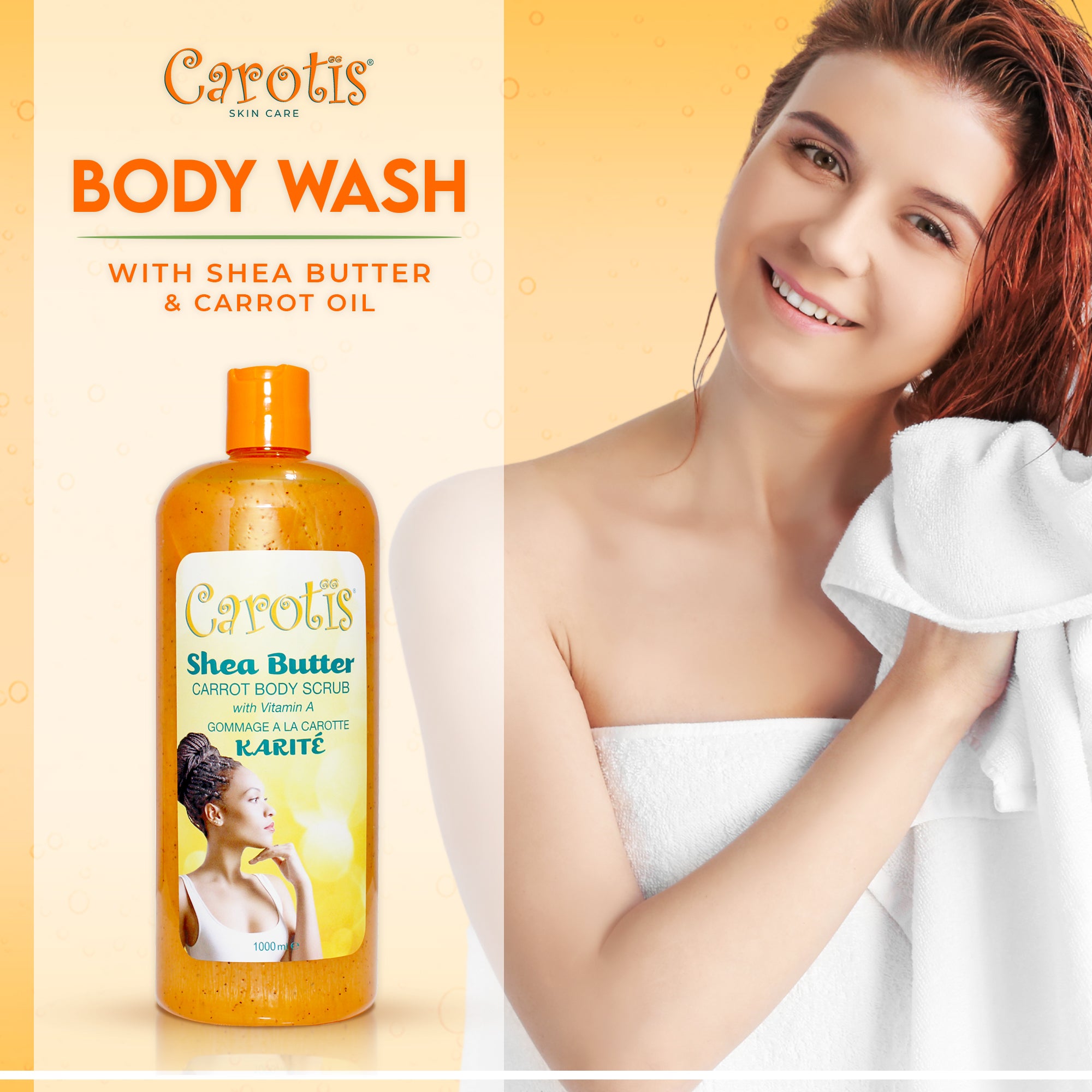 Carotis Shea Butter Carrot Body Wash con vitamina A (NUEVO) - 1000ml / 33.8 oz