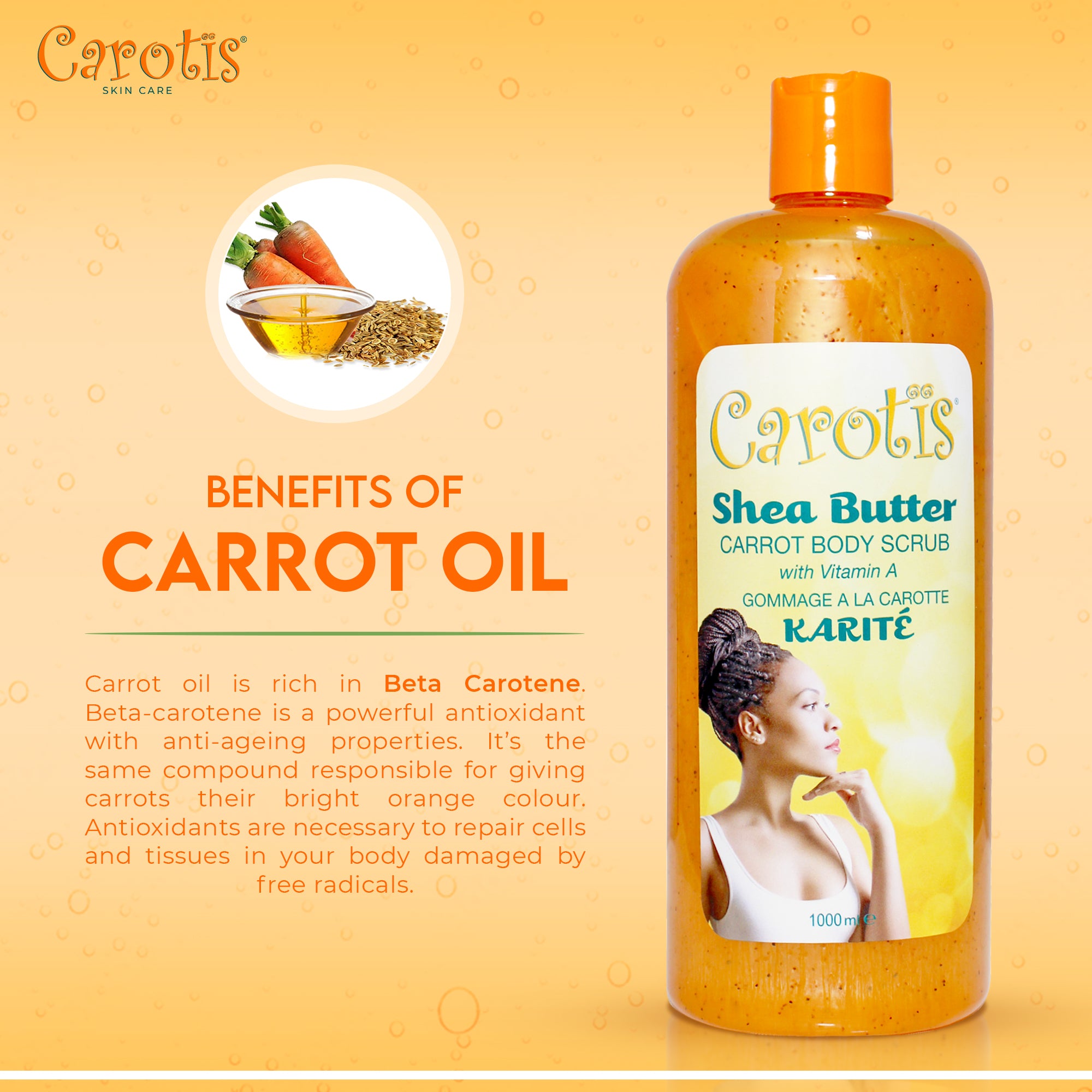 Carotis Shea Butter Carrot Body Wash con vitamina A (NUEVO) - 1000ml / 33.8 oz