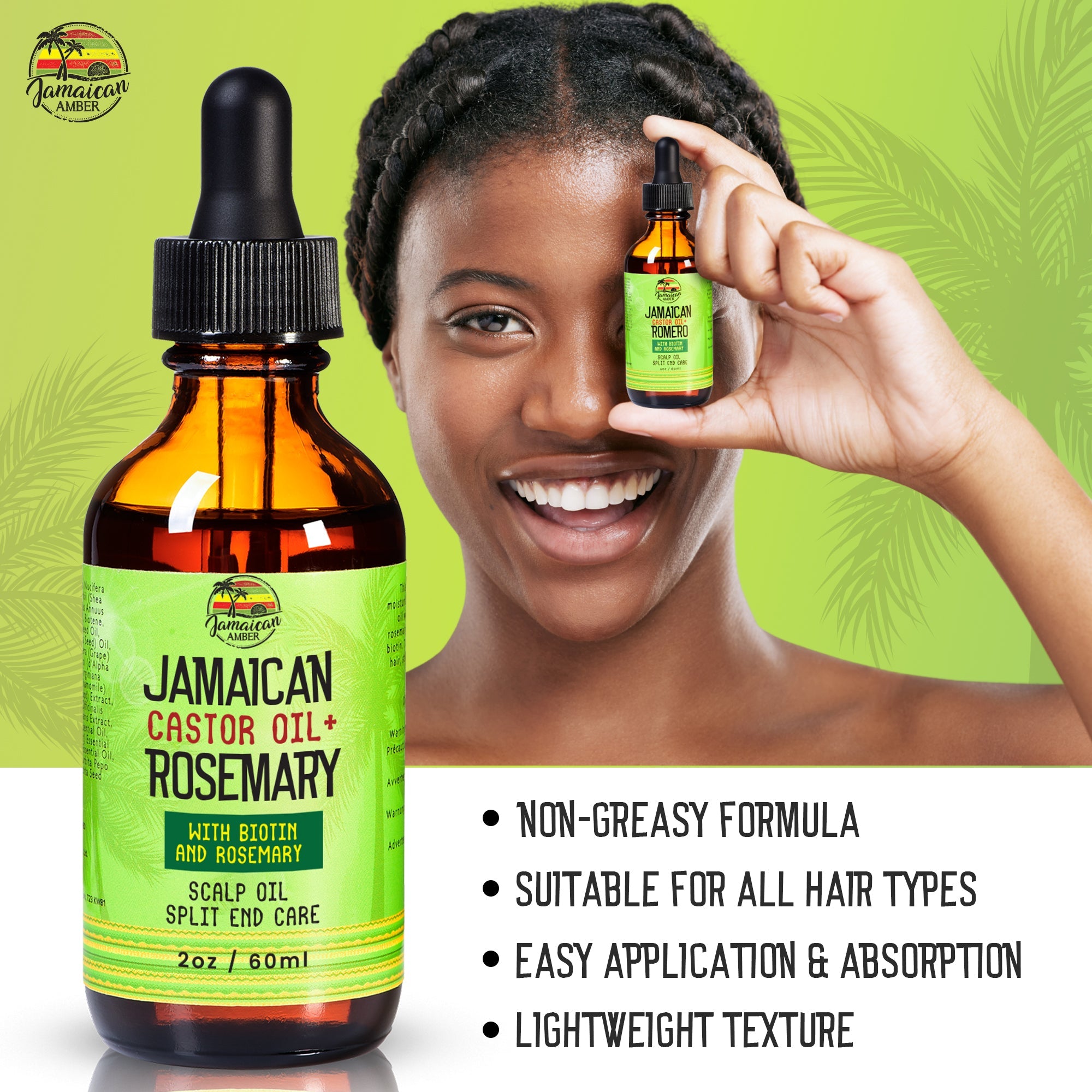 Jamaican Amber Jamaican Castor Oil & Rosemary Hair Oil 2 oz/60 ml Mitchell Brands - Mitchell Brands - Skin Lightening, Skin Brightening, Fade Dark Spots, Shea Butter, Hair Growth Products