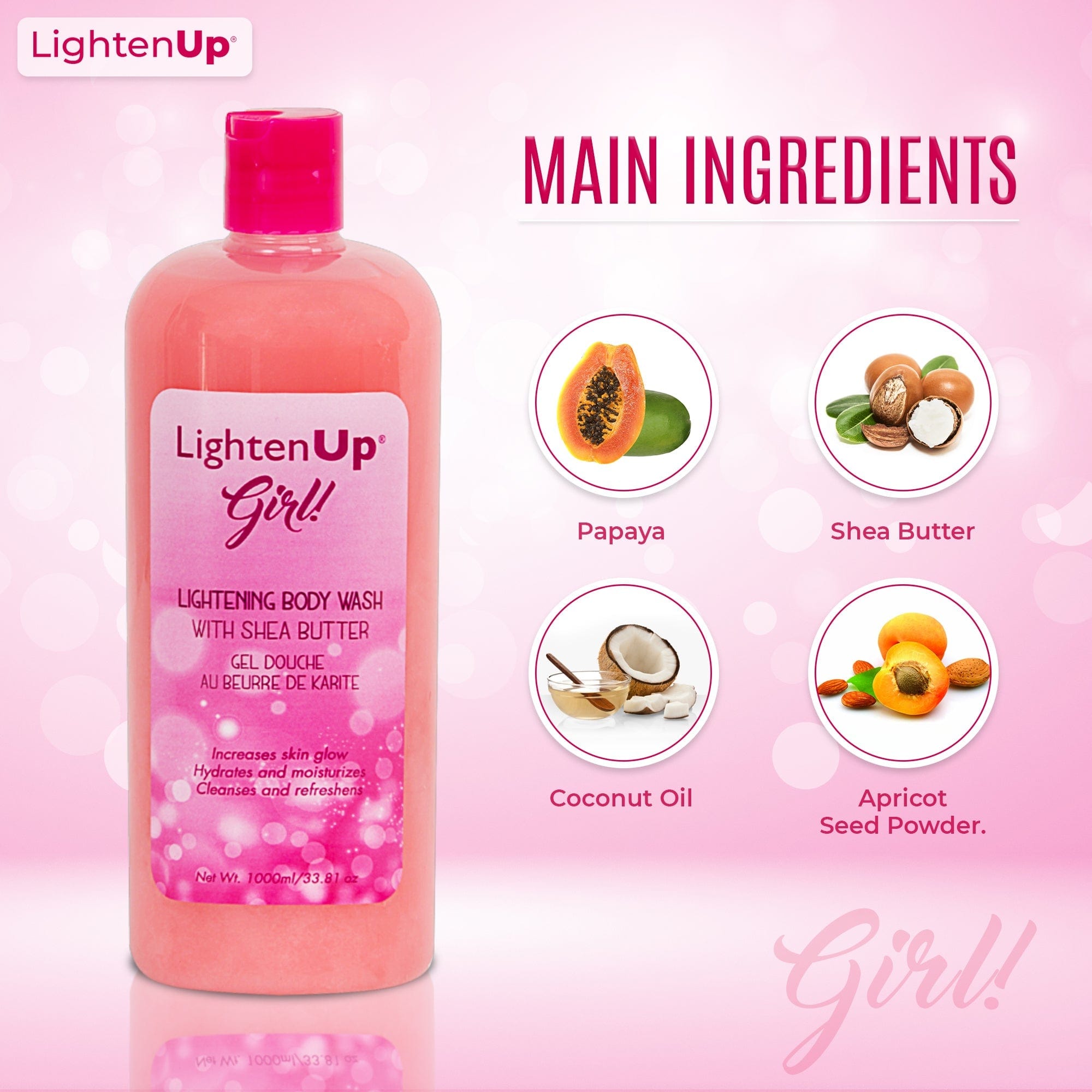 Omic LightenUp Girl! Exfoliating Shower Gel - 1000ml / 33.81 Oz Mitchell Brands - Mitchell Brands - Skin Lightening, Skin Brightening, Fade Dark Spots, Shea Butter, Hair Growth Products