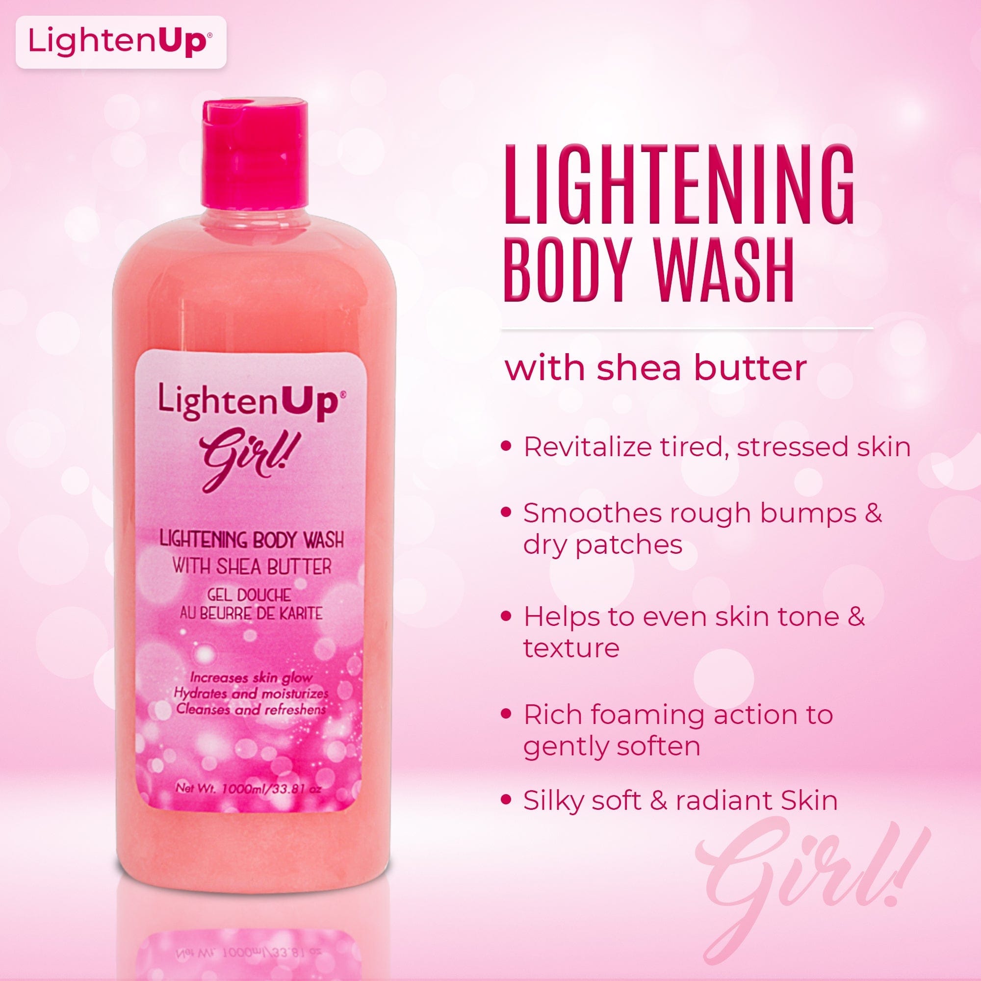 Omic LightenUp Girl! Exfoliating Shower Gel - 1000ml / 33.81 Oz Mitchell Brands - Mitchell Brands - Skin Lightening, Skin Brightening, Fade Dark Spots, Shea Butter, Hair Growth Products
