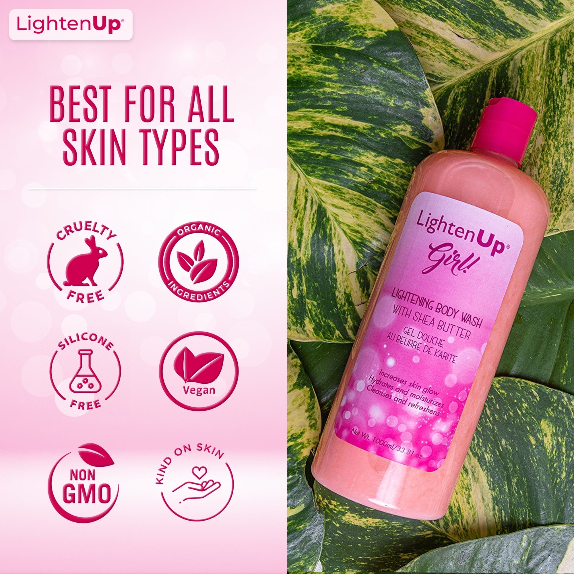 Omic LightenUp Girl! Exfoliating Shower Gel - 1000ml / 33.81 Oz Mitchell Brands - Mitchell Brands - Skin Lightening, Skin Brightening, Fade Dark Spots, Shea Butter, Hair Growth Products