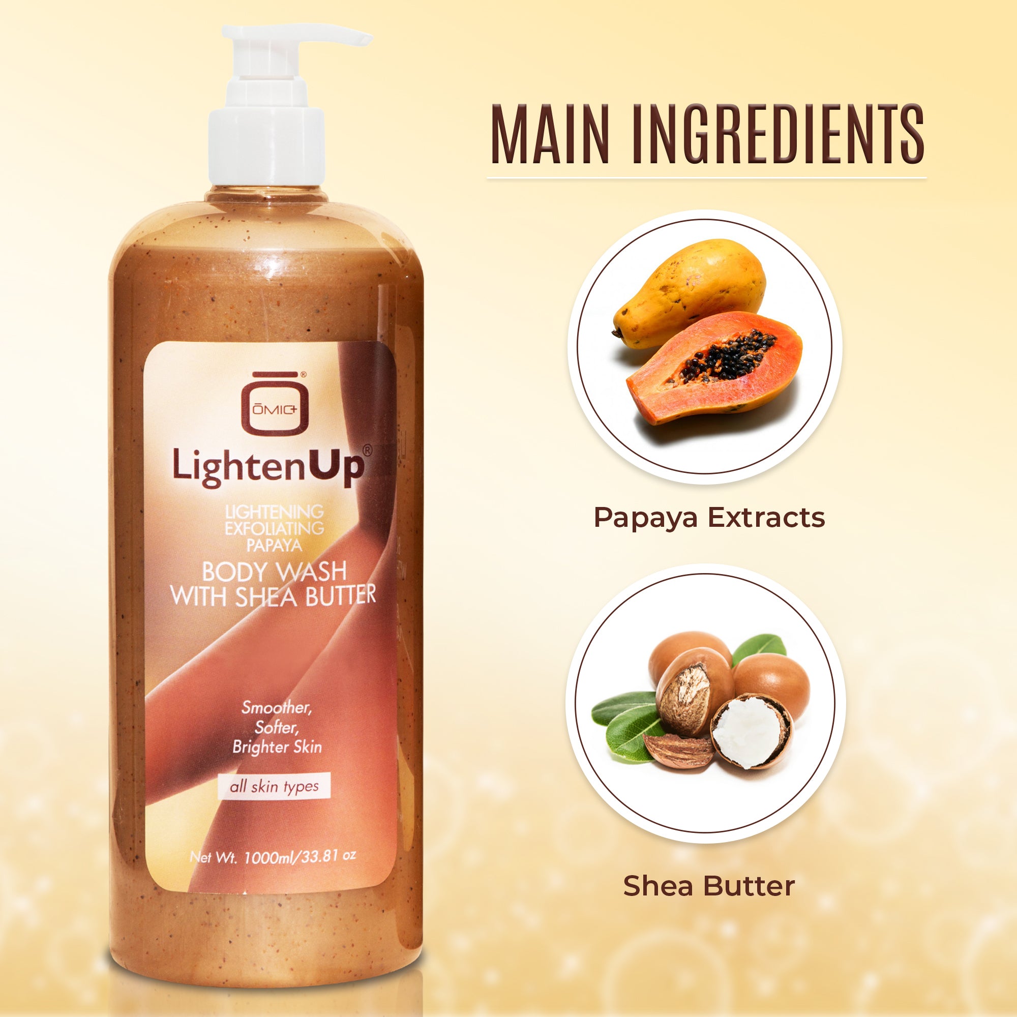 Omic LightenUp PLUS Exfoliating Papaya Body Wash with Shea Butter - 1000ml / 33.81 Oz