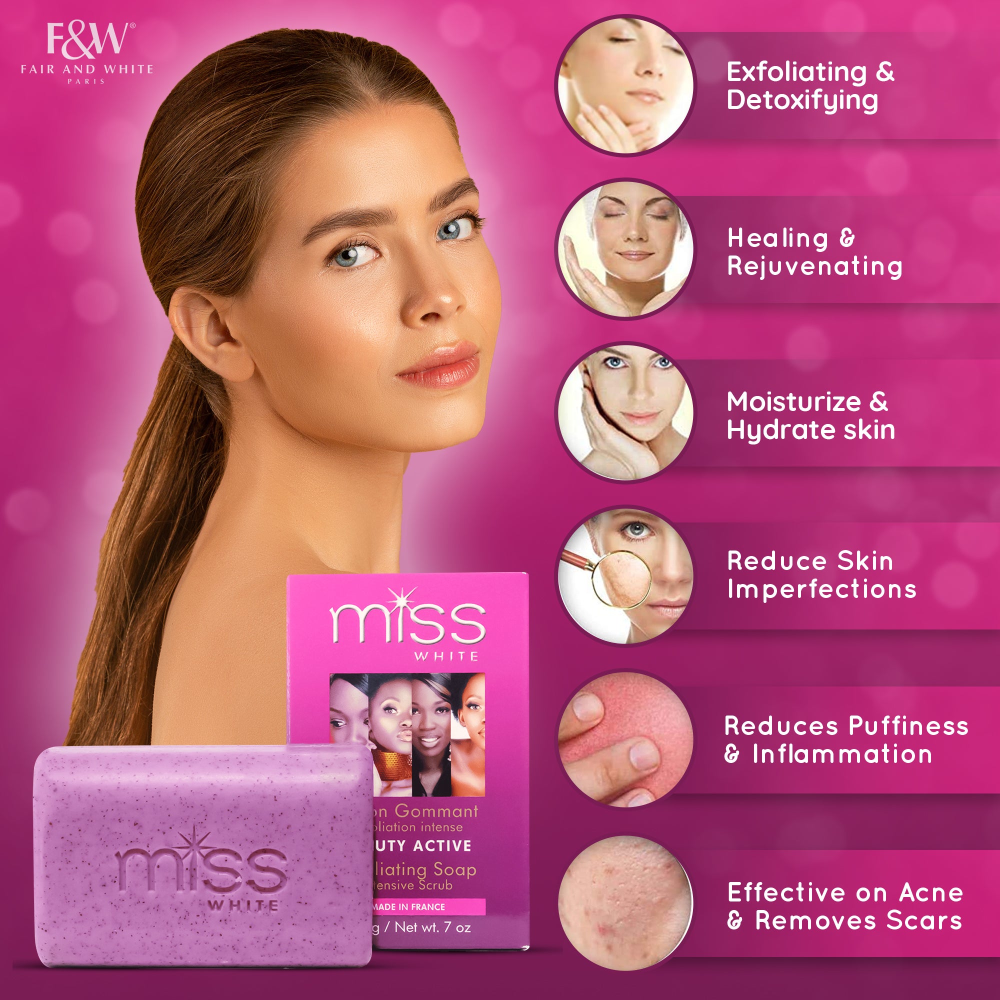 Fair & White Miss White Exfoliating Soap - Exfoliates Skin - 200g / 7 oz