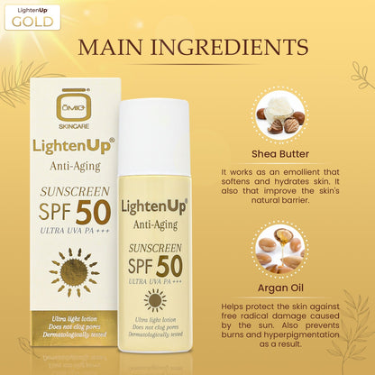 Omic LightenUp Protezione solare anti-età SPF 50 LightenUp - Mitchell Brands - Schiaritura della pelle, schiaritura della pelle, attenuazione delle macchie scure, burro di karité, prodotti per la crescita dei capelli